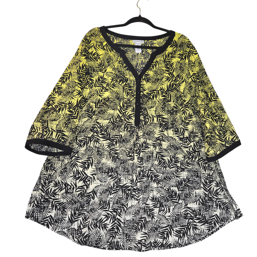 Catherines‎ Tunic Top Womens 1X Yellow Black Palm Leaf Print Henley 3/4 Sleeve